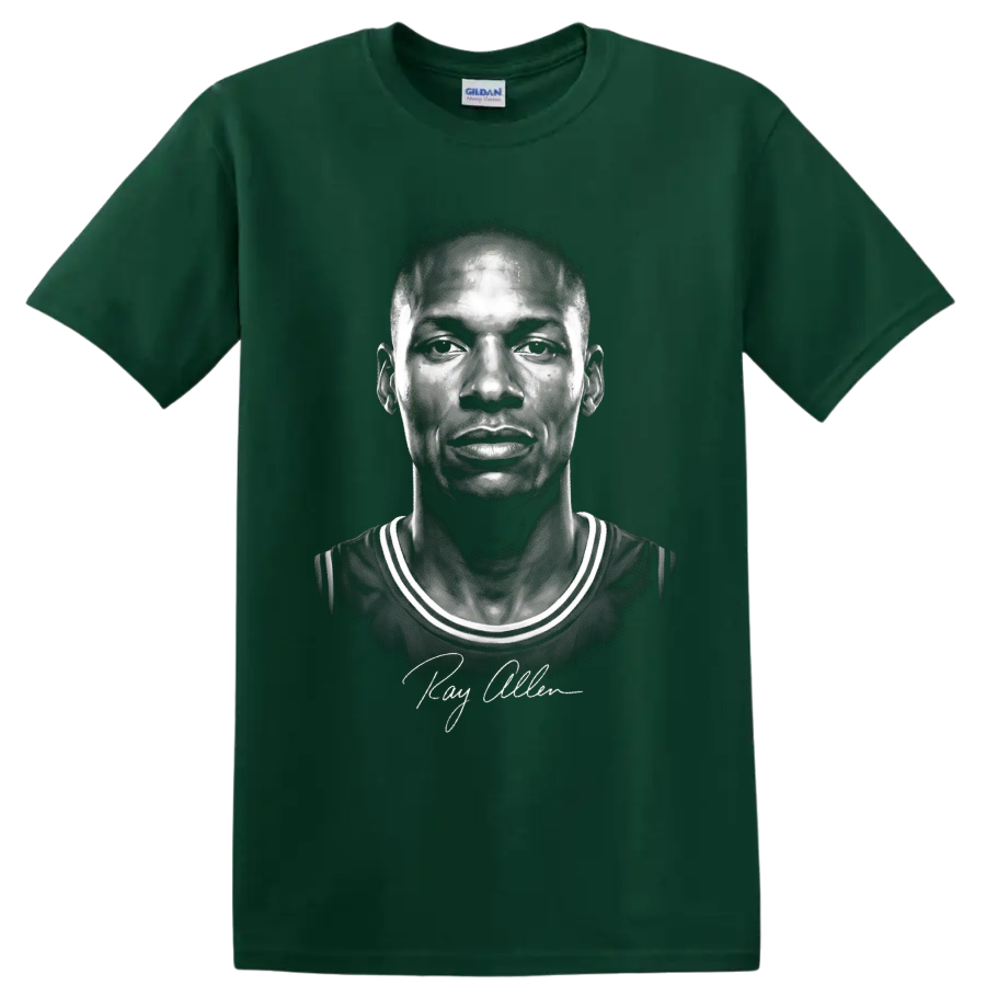 Monochrome Ray Allen Boston Celtics No. 20 basketball portrait with signature on a Forest Green T Shirt