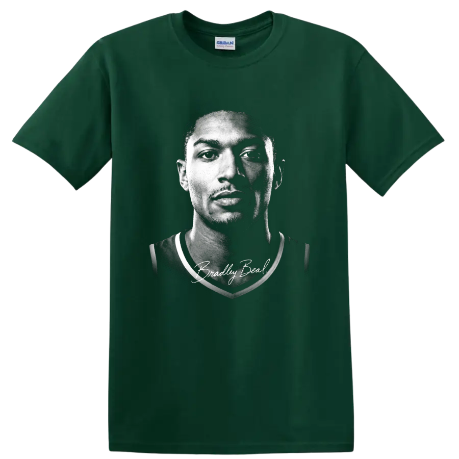 Bradley Beal black-and-white basketball portrait with signature-style lettering on a Forest Green T Shirt
