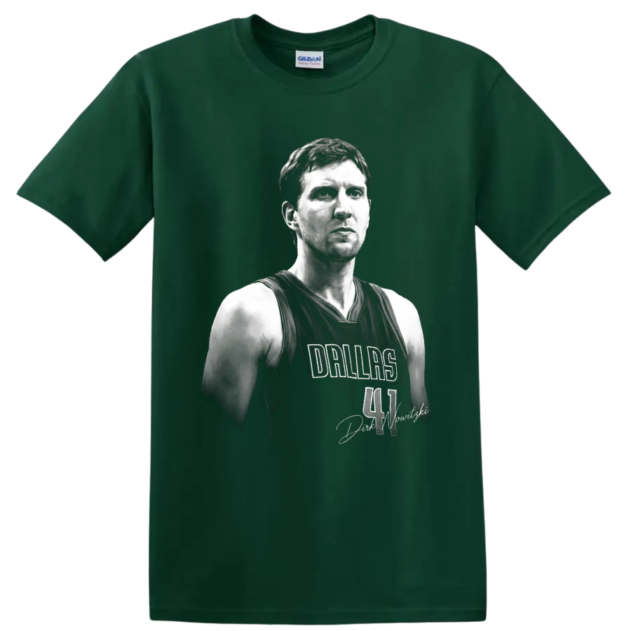 Black-and-white Dirk Nowitzki Dallas Mavericks No. 41 portrait graphic on a Forest Green T Shirt