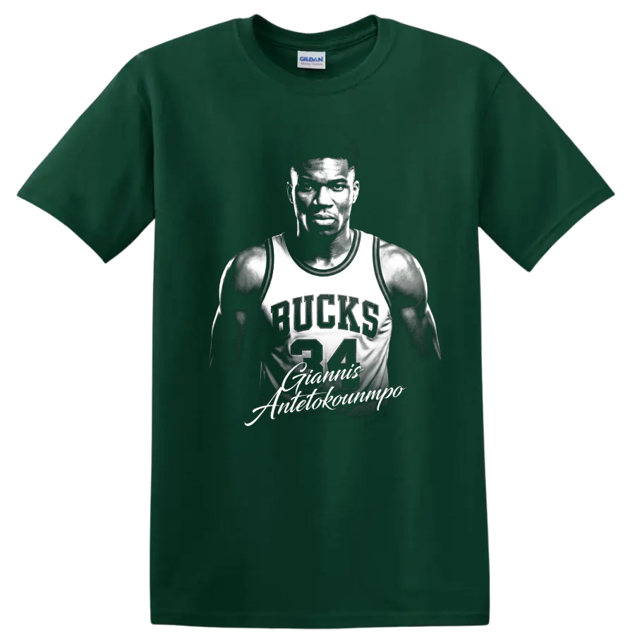 Giannis Antetokounmpo in Bucks number 34 jersey, monochrome portrait graphic on a Forest Green T Shirt