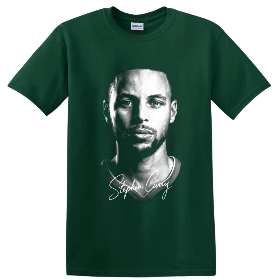 Stephen Curry black-and-white portrait with cursive signature on a Forest Green T Shirt