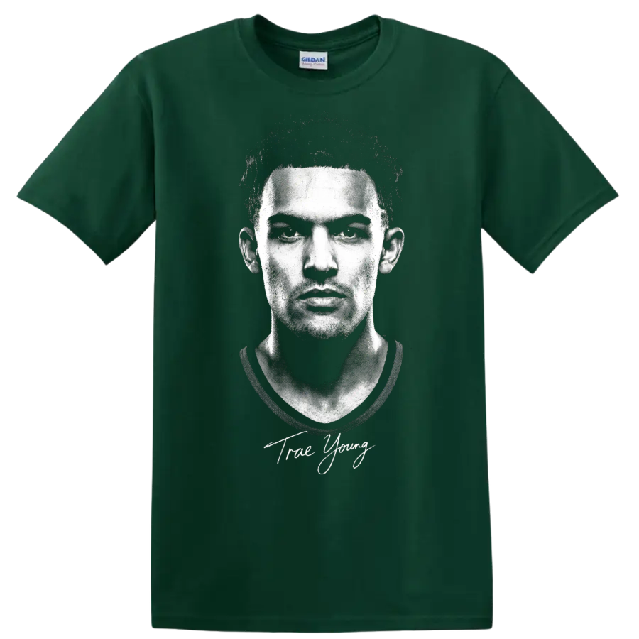 Trae Young black-and-white portrait with signature-style lettering on a Forest Green T Shirt