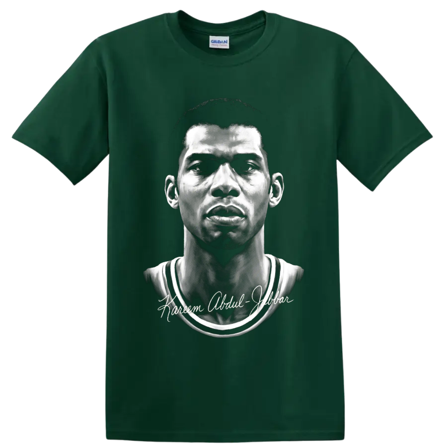 Kareem Abdul-Jabbar monochrome Lakers No. 33 portrait with signature-style lettering on a Forest Green T Shirt