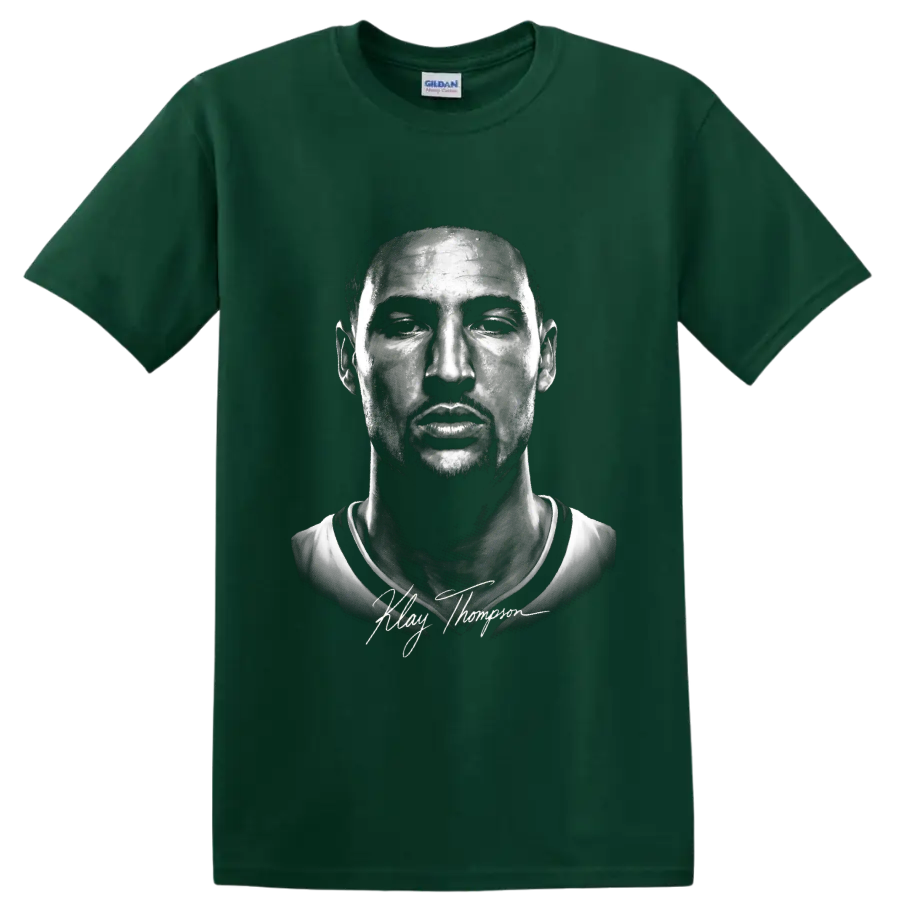 Klay Thompson monochrome basketball portrait with signature-style lettering on a Forest Green T Shirt