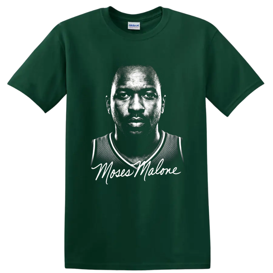 Moses Malone black-and-white halftone basketball portrait with signature-style script on a Forest Green T Shirt
