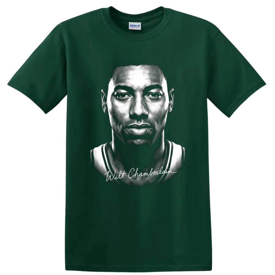 Wilt Chamberlain black-and-white basketball portrait with signature-style text on a Forest Green T Shirt