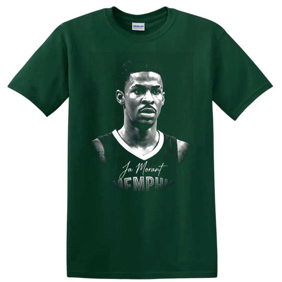Ja Morant Memphis basketball portrait with signature and Memphis lettering on a Forest Green T Shirt