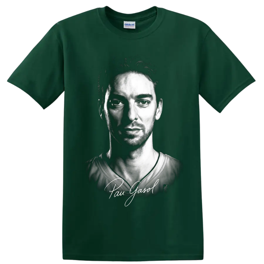 Black-and-white Pau Gasol basketball portrait with signature-style lettering on a Forest Green T Shirt