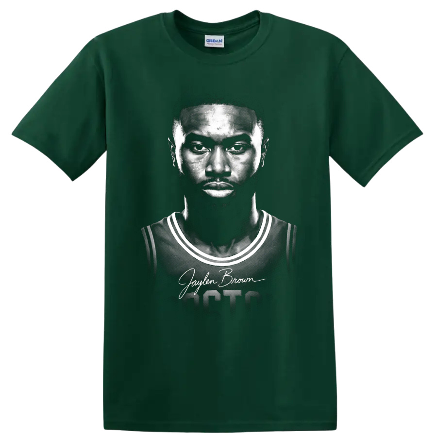 Jaylen Brown Boston Celtics number 7 monochrome basketball portrait with signature on a Forest Green T Shirt