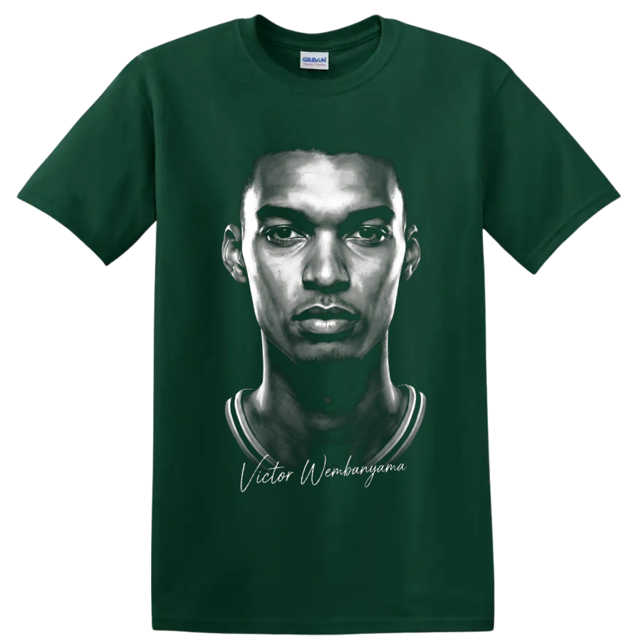 Black-and-white Victor Wembanyama basketball portrait with signature-style lettering on a Forest Green T Shirt