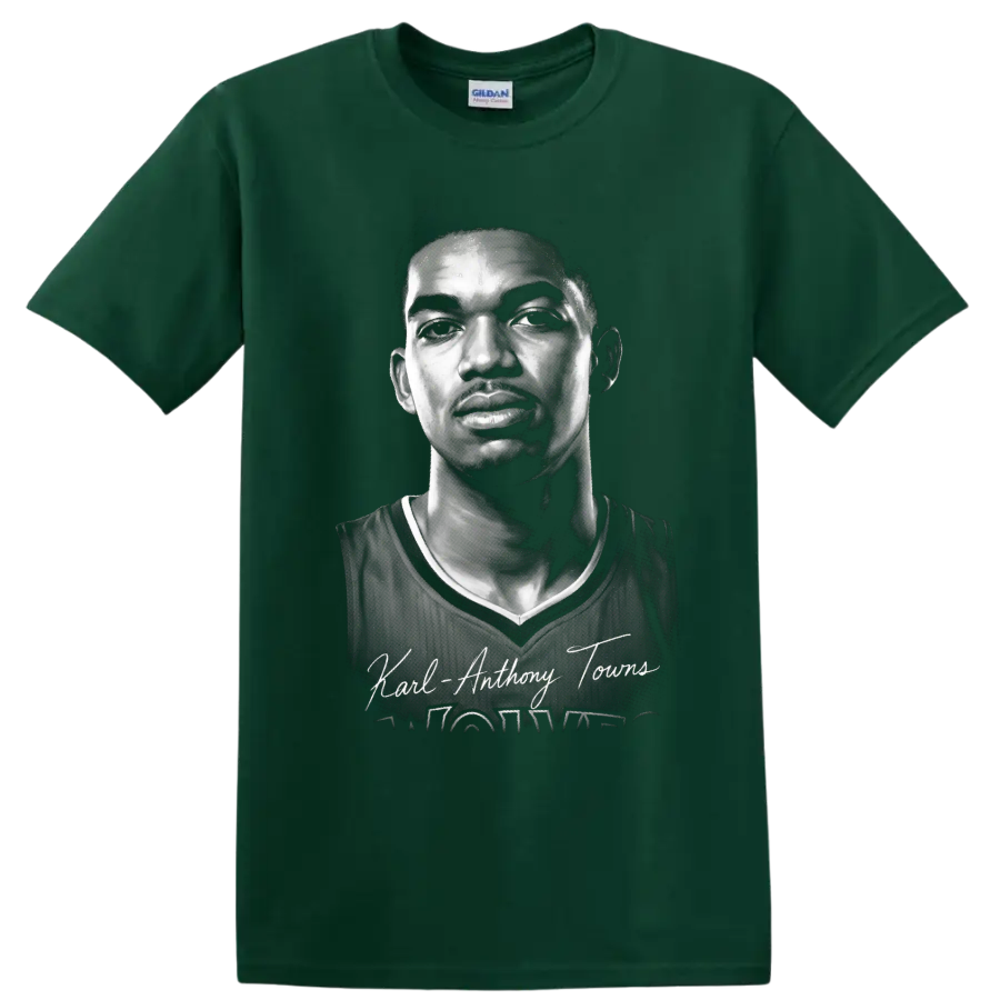 Black-and-white Karl-Anthony Towns basketball portrait with signature-style name text on a Forest Green T Shirt