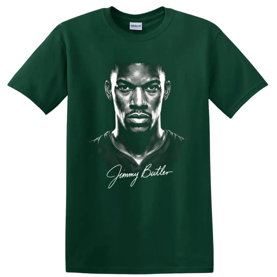 Grayscale Jimmy Butler basketball portrait illustration with cursive signature on a Forest Green T Shirt
