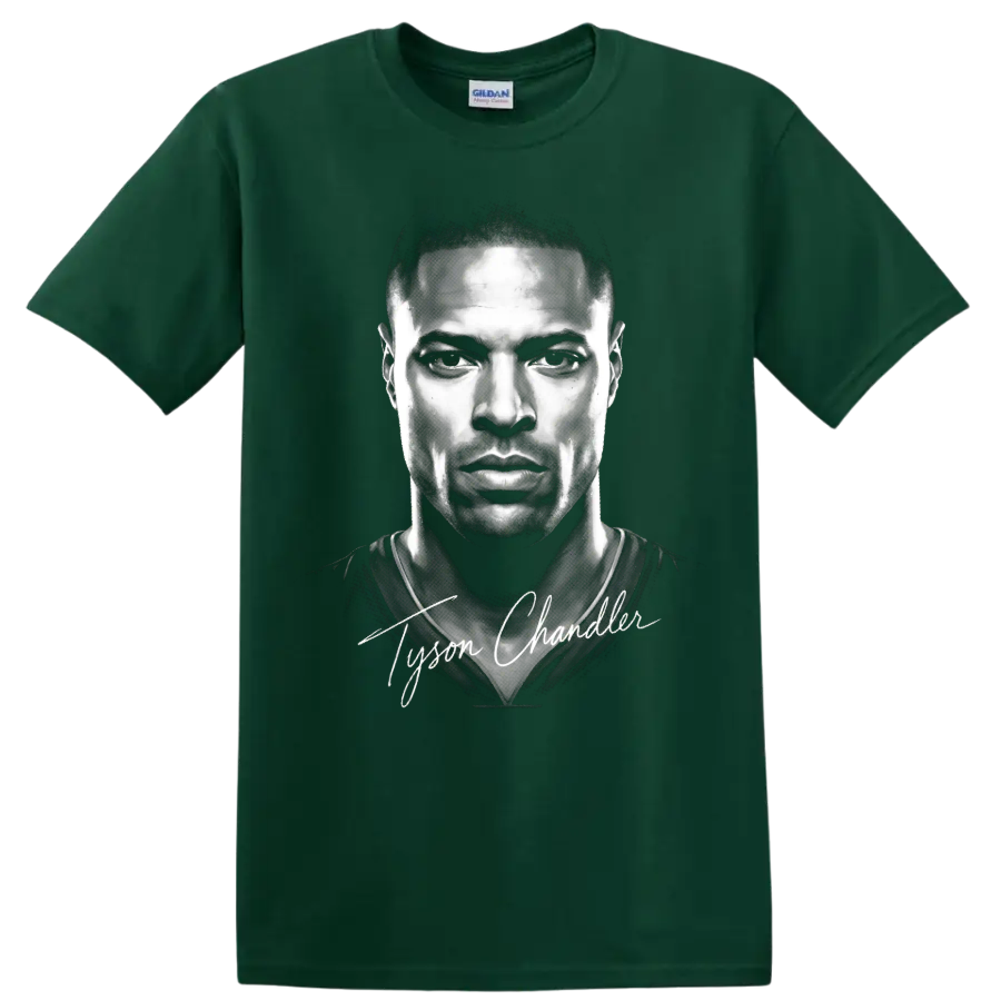 Grayscale Tyson Chandler basketball portrait with white signature script on a Forest Green T Shirt