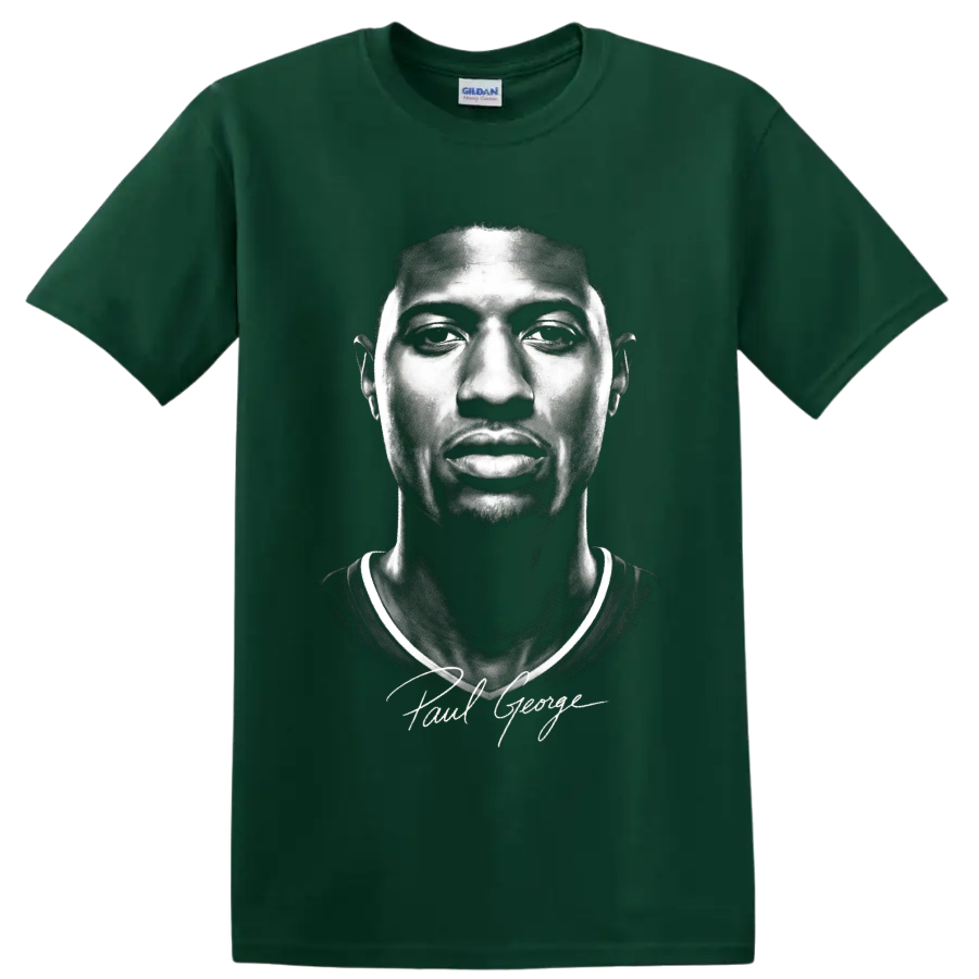 Black-and-white Paul George basketball portrait with signature-style script on a Forest Green T Shirt
