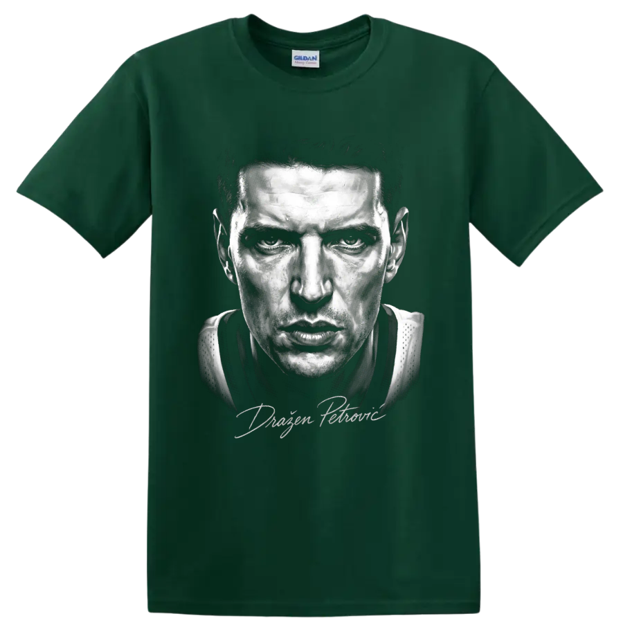 Dražen Petrović New Jersey Nets No. 3 black-and-white basketball portrait on a Forest Green T Shirt