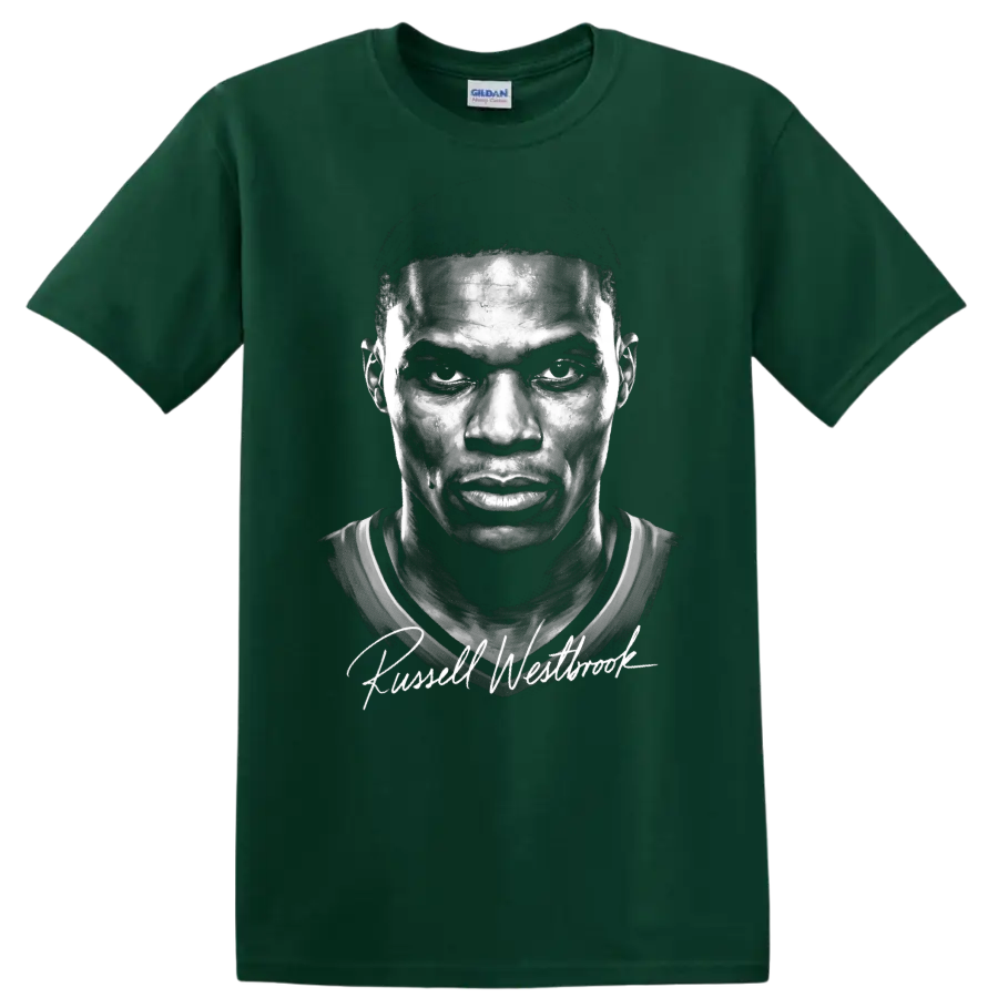 Russell Westbrook monochrome basketball portrait with signature-style lettering on a Forest Green T Shirt
