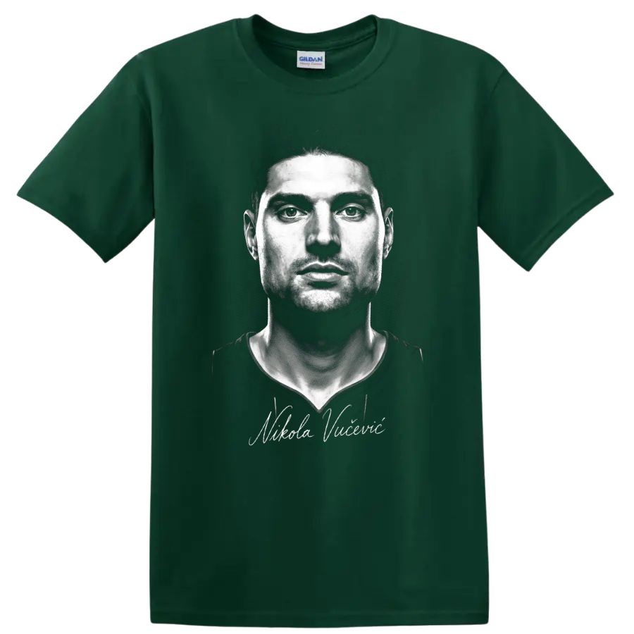 Nikola Vučević monochrome basketball portrait with cursive signature on a Forest Green T Shirt