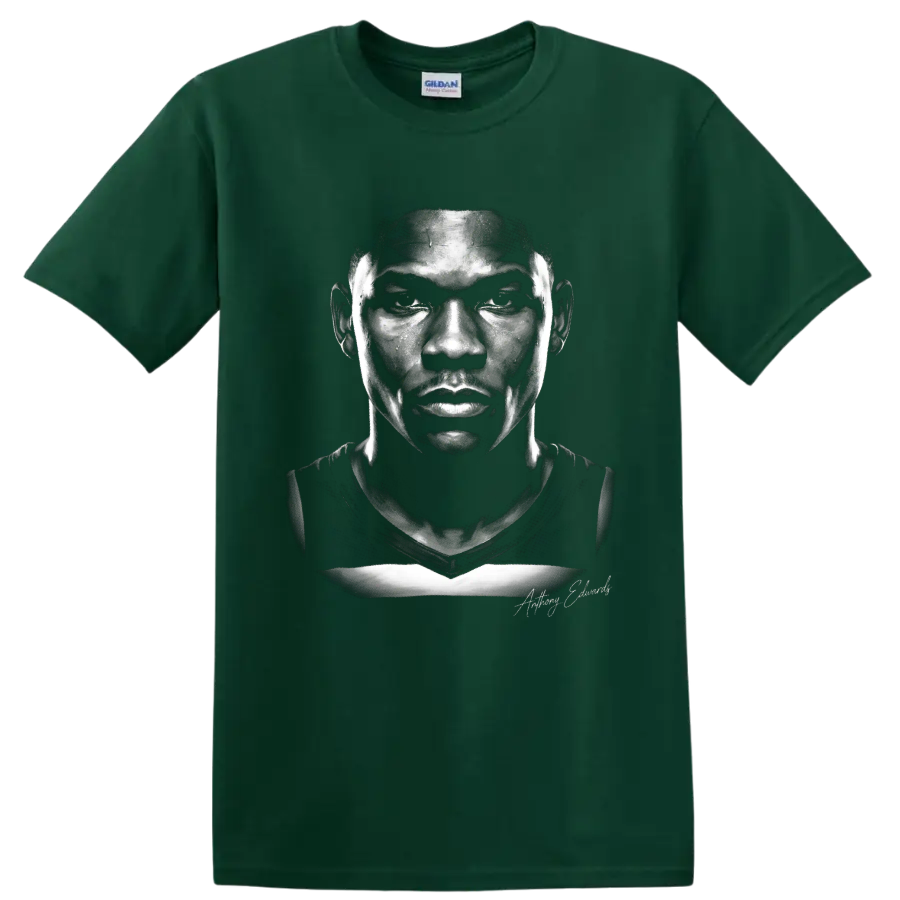 Monochrome Anthony Edwards Minnesota Timberwolves No. 5 portrait illustration on a Forest Green T Shirt