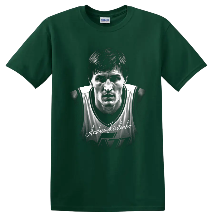 Andrei Kirilenko Utah Jazz No. 47 monochrome basketball portrait with signature on a Forest Green T Shirt