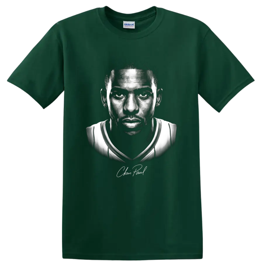 Chris Paul Los Angeles Clippers No. 3 black-and-white basketball portrait artwork on a Forest Green T Shirt