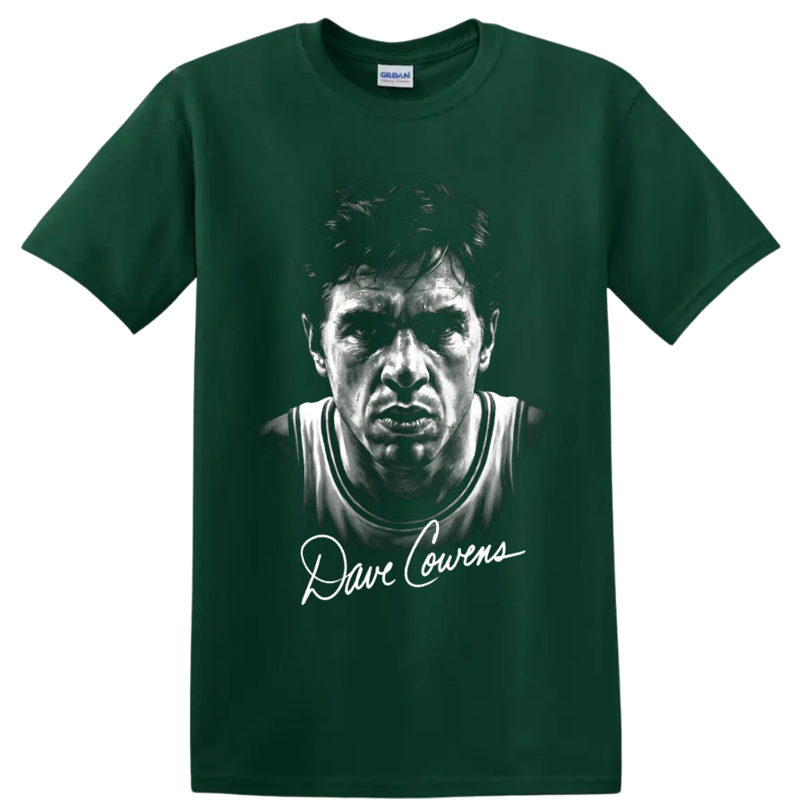 Dave Cowens basketball portrait with signature-style lettering on a Forest Green T Shirt