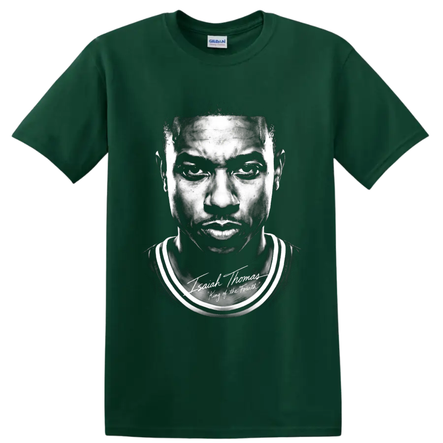 Monochrome Isiah Thomas Detroit Pistons No. 11 portrait with signature-style lettering on a Forest Green T Shirt