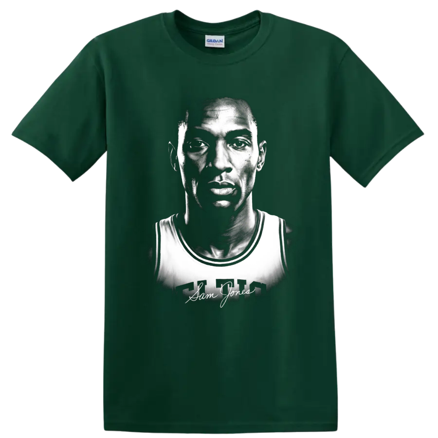 Black-and-white Sam Jones basketball portrait with Celtics jersey and signature on a Forest Green T Shirt
