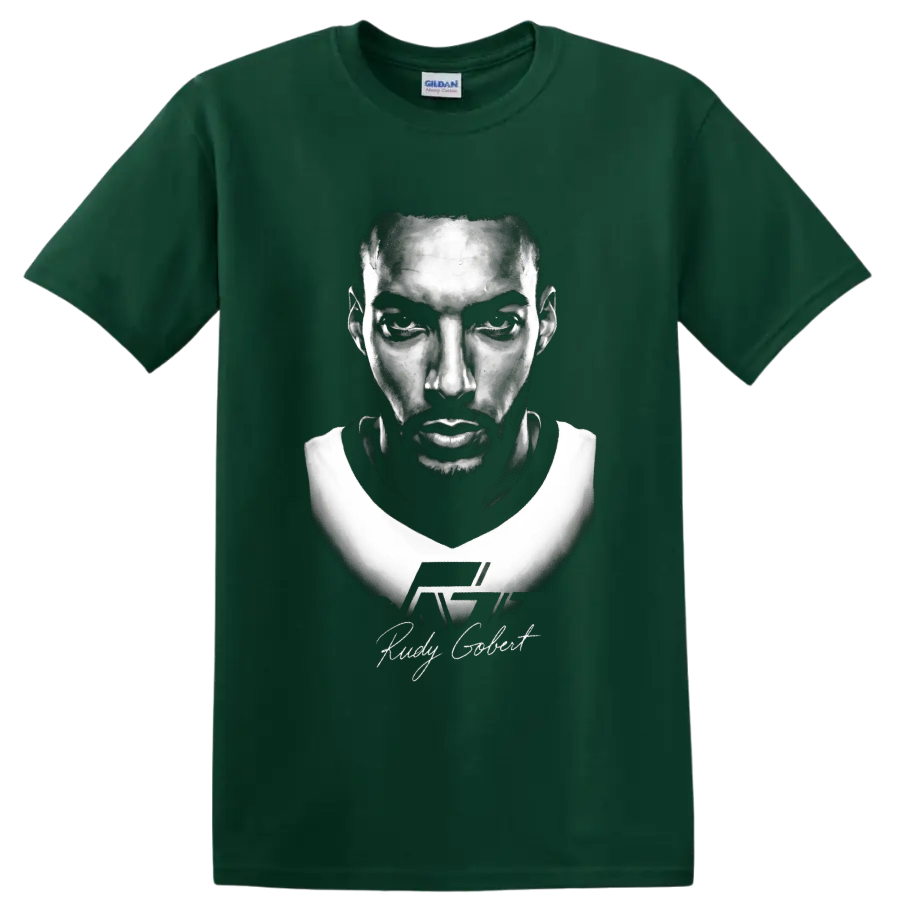 Rudy Gobert No. 27 black-and-white basketball portrait with signature-style lettering on a Forest Green T Shirt