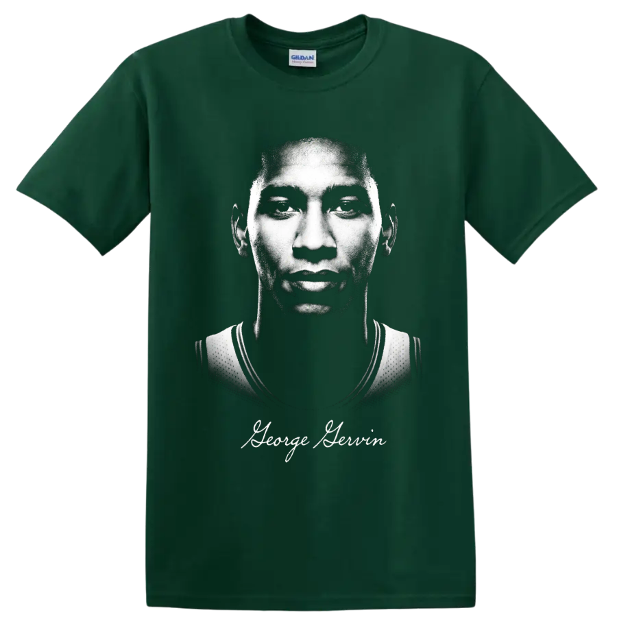 George Gervin monochrome basketball portrait with signature-style name text on a Forest Green T Shirt