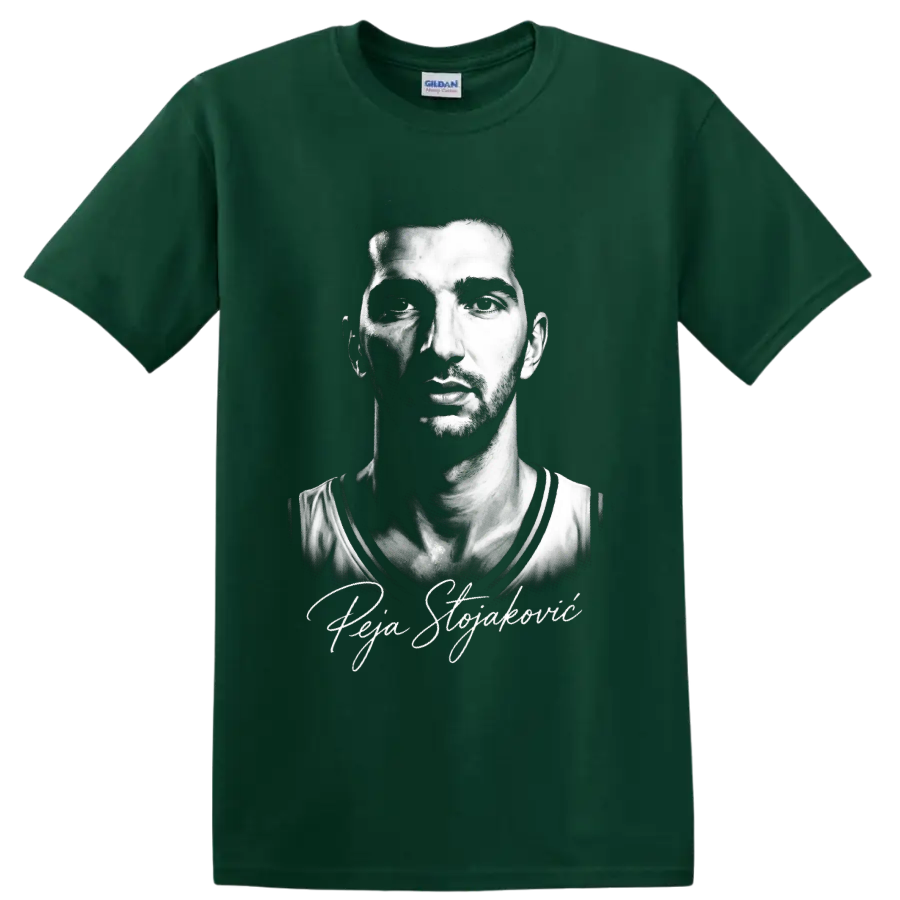 Peja Stojakovic black-and-white basketball portrait with signature-style script on a Forest Green T Shirt