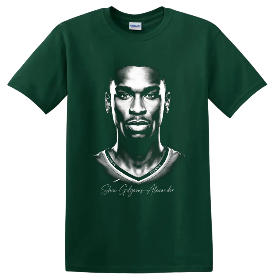 Shai Gilgeous-Alexander Oklahoma City Thunder No. 2 black-and-white portrait on a Forest Green T Shirt