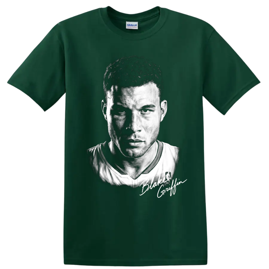 Blake Griffin Los Angeles Clippers No. 32 black-and-white basketball portrait on a Forest Green T Shirt