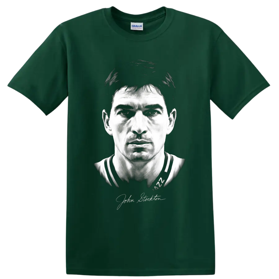 John Stockton Utah Jazz No. 12 monochrome basketball portrait with signature on a Forest Green T Shirt