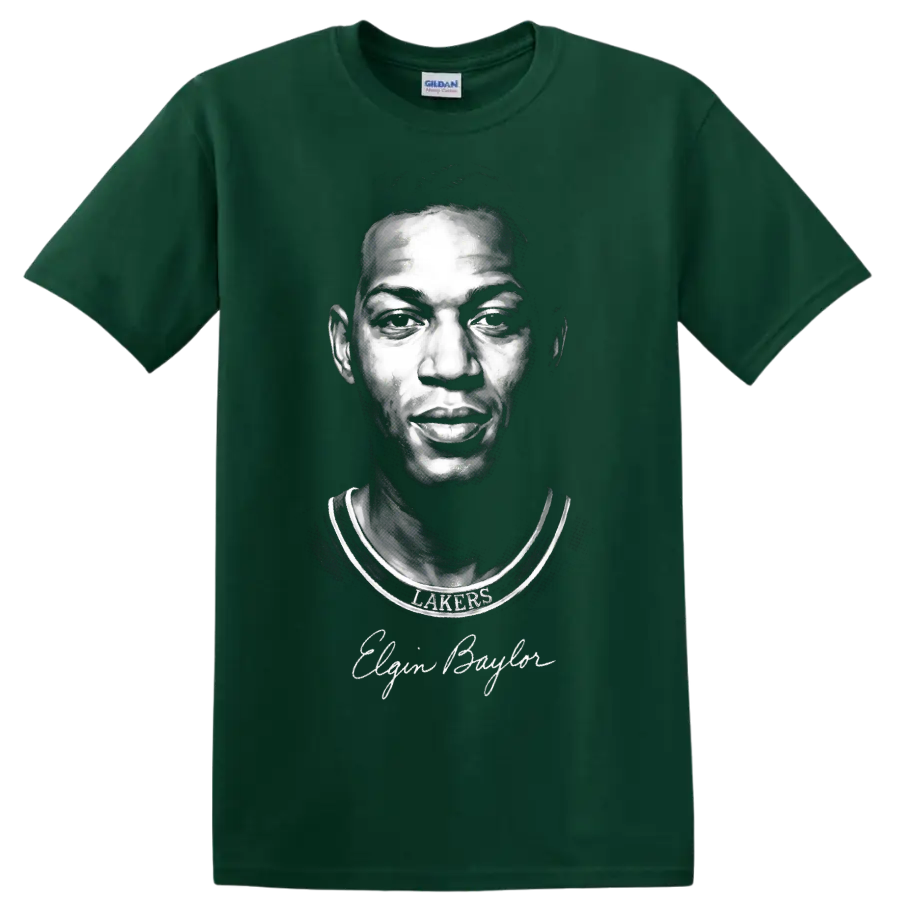 Elgin Baylor Lakers jersey portrait with signature in dramatic grayscale illustration on a Forest Green T Shirt