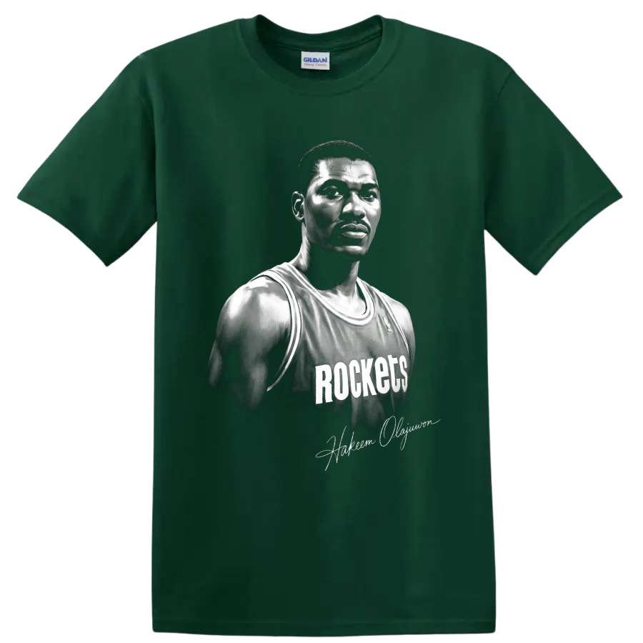 Black-and-white Hakeem Olajuwon Houston Rockets No. 34 basketball portrait on a Forest Green T Shirt