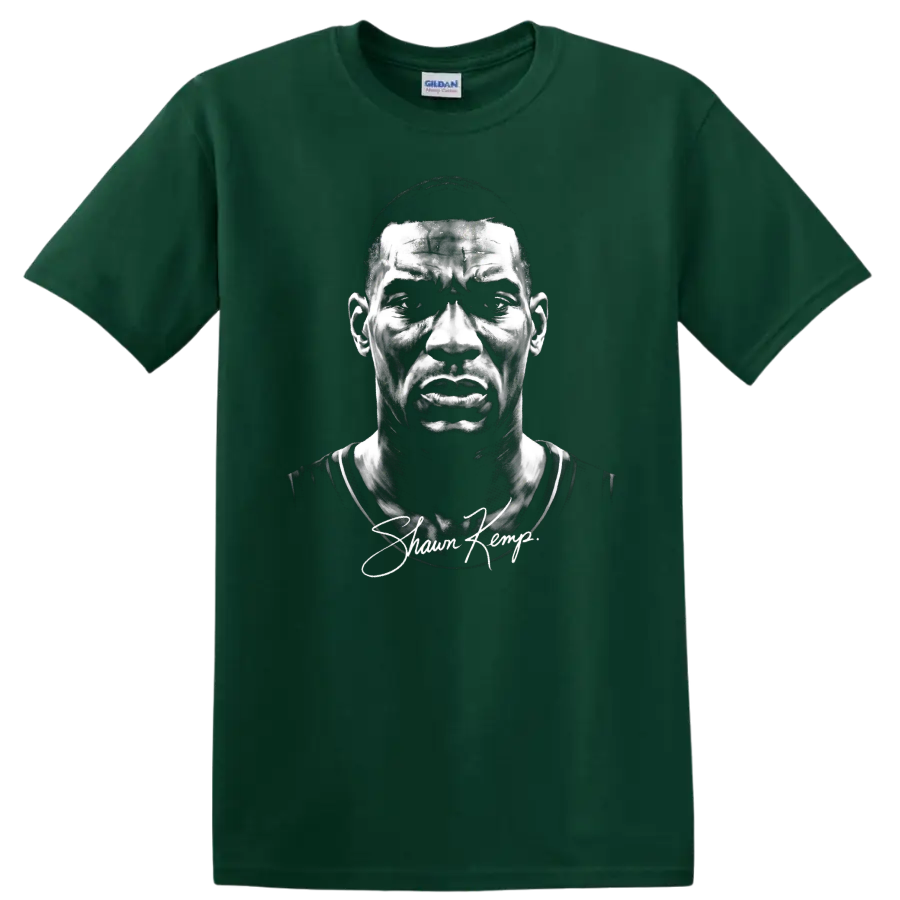 Shawn Kemp black-and-white basketball portrait with signature-style script on a Forest Green T Shirt
