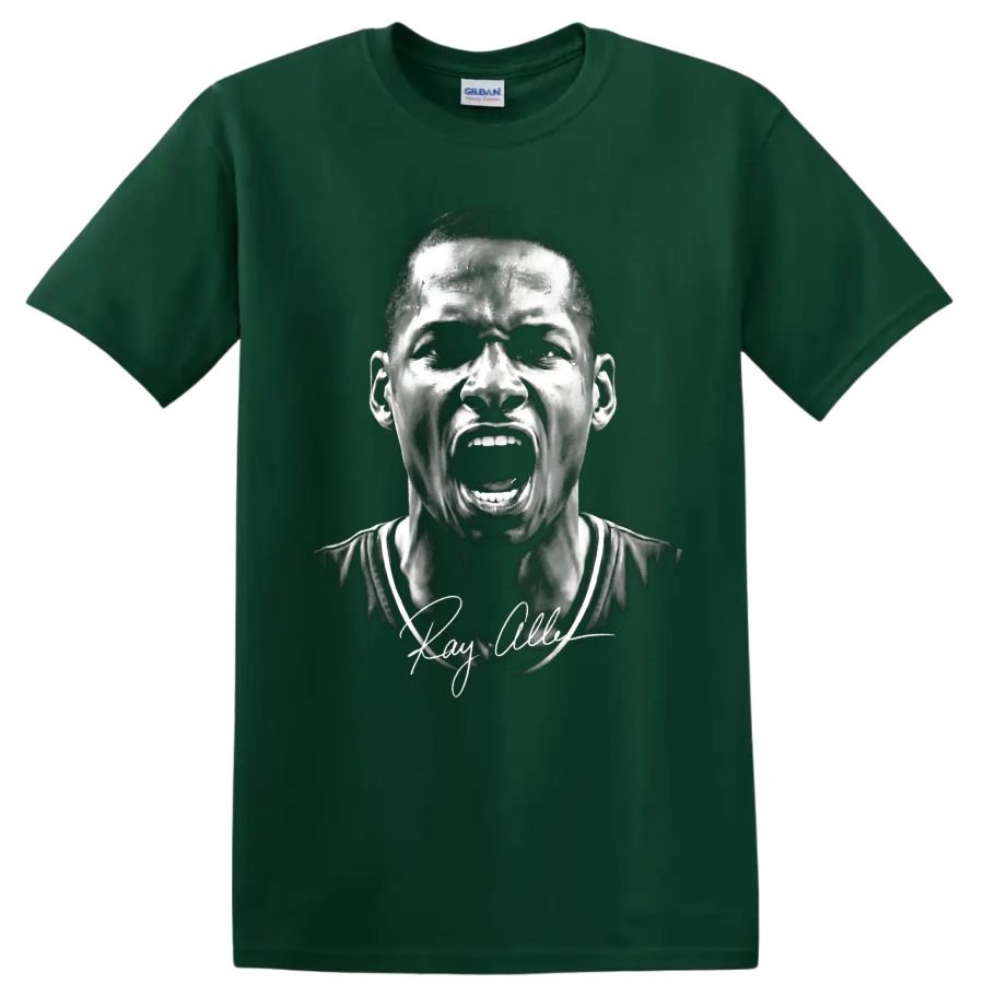 Monochrome Ray Allen shouting basketball portrait with signature-style detail on a Forest Green T Shirt