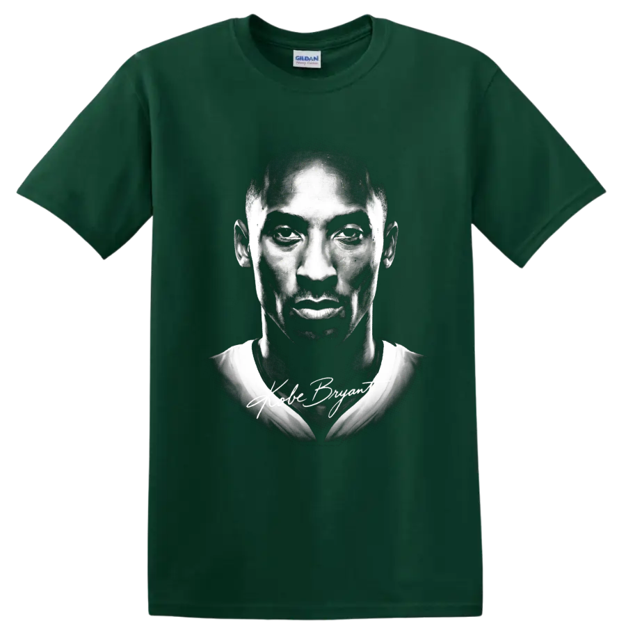 Black-and-white Kobe Bryant Lakers No. 24 portrait with signature-style lettering on a Forest Green T Shirt