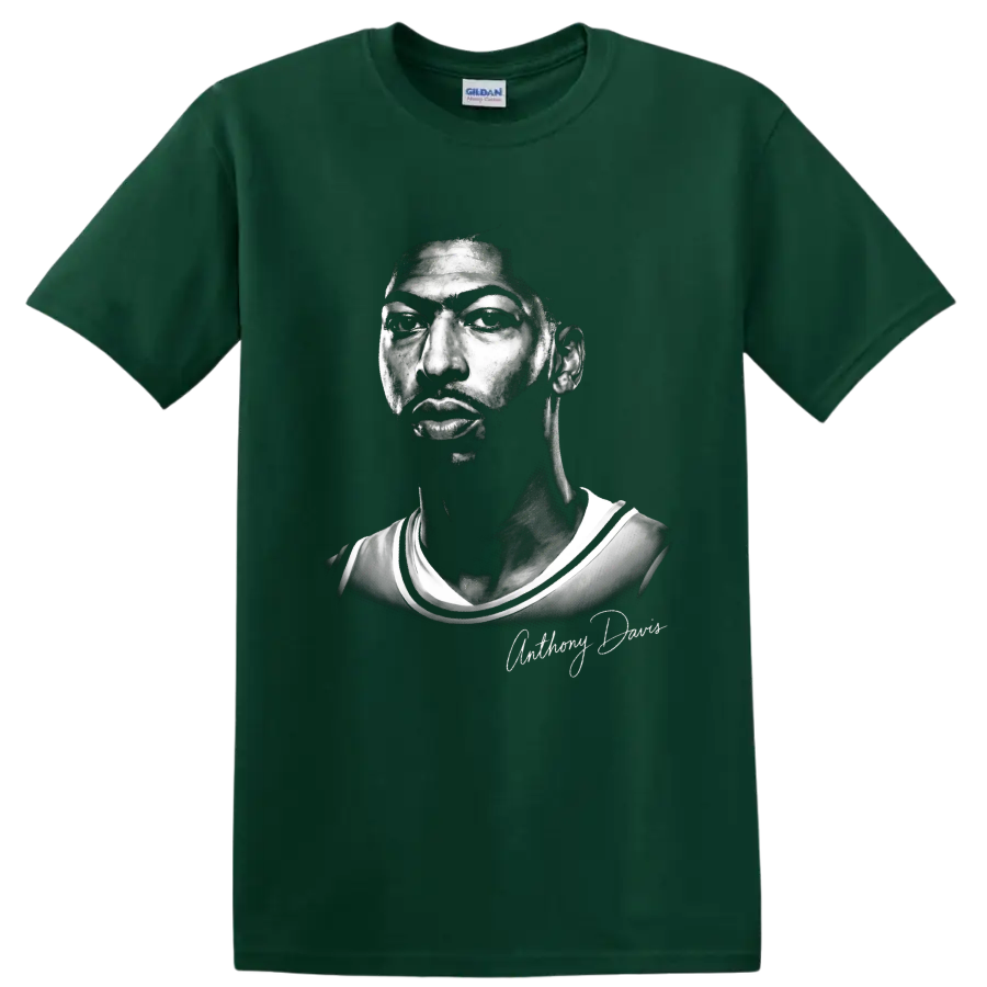Anthony Davis monochrome basketball portrait with signature-style name script on a Forest Green T Shirt