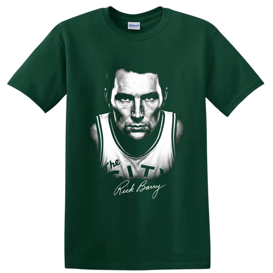 Rick Barry No. 24 basketball player monochrome portrait with signature-style text on a Forest Green T Shirt