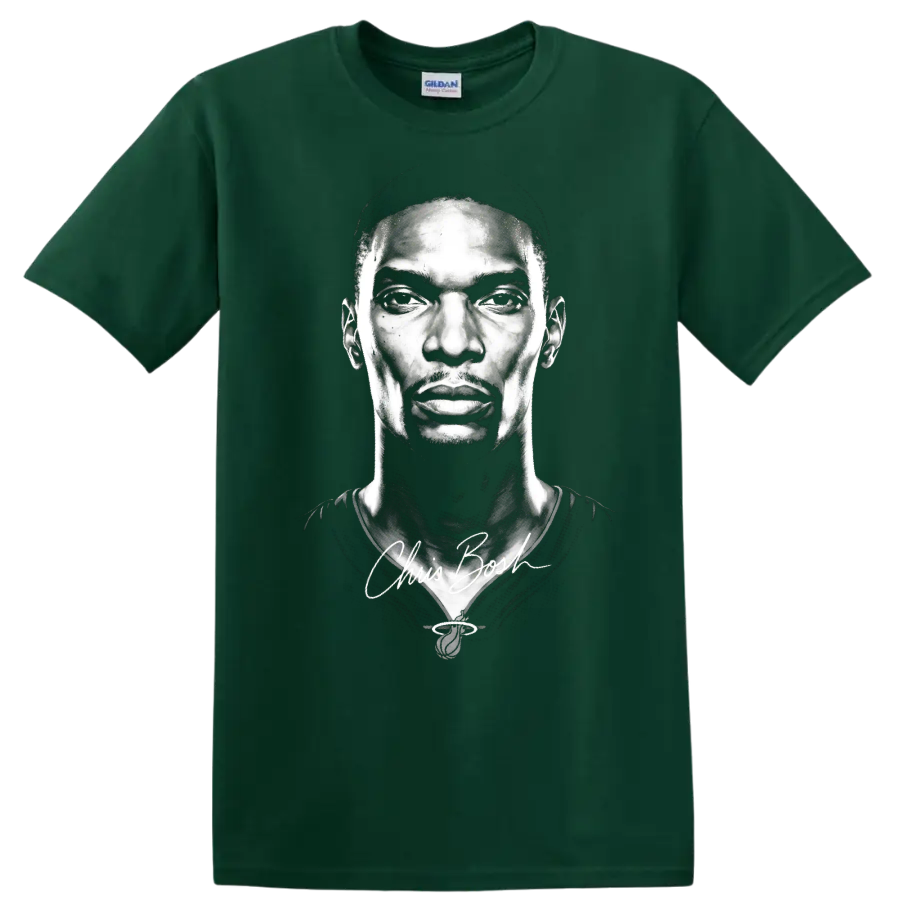 Chris Bosh black-and-white basketball portrait with signature-style script on a Forest Green T Shirt
