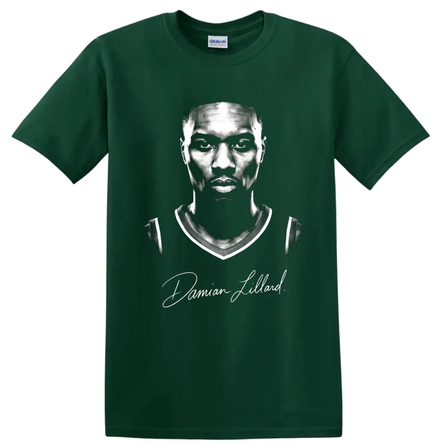 Damian Lillard monochrome basketball portrait with signature-style script on a Forest Green T Shirt