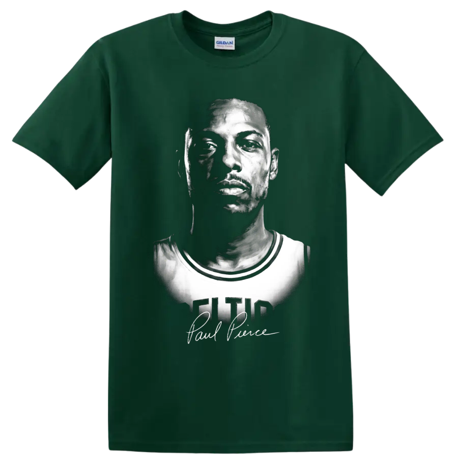Black-and-white Paul Pierce Boston Celtics No. 34 portrait with signature-style script on a Forest Green T Shirt