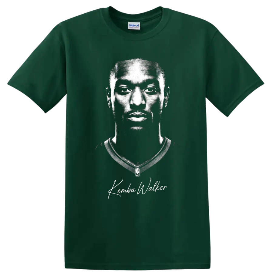 Monochrome Kemba Walker Charlotte Hornets No. 15 basketball portrait with signature on a Forest Green T Shirt