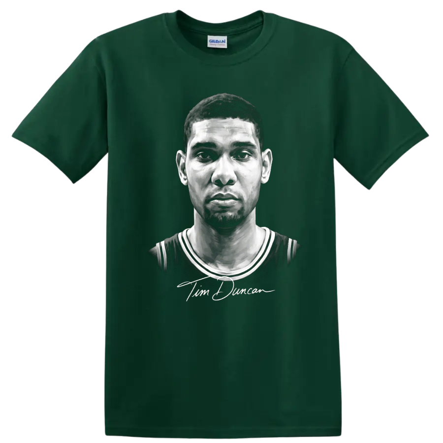 Grayscale Tim Duncan basketball portrait in No. 21 jersey with signature-style script on a Forest Green T Shirt