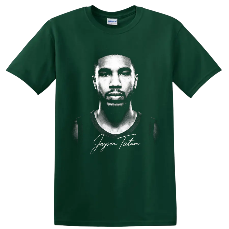 Jayson Tatum monochrome basketball portrait with signature-style text on a Forest Green T Shirt