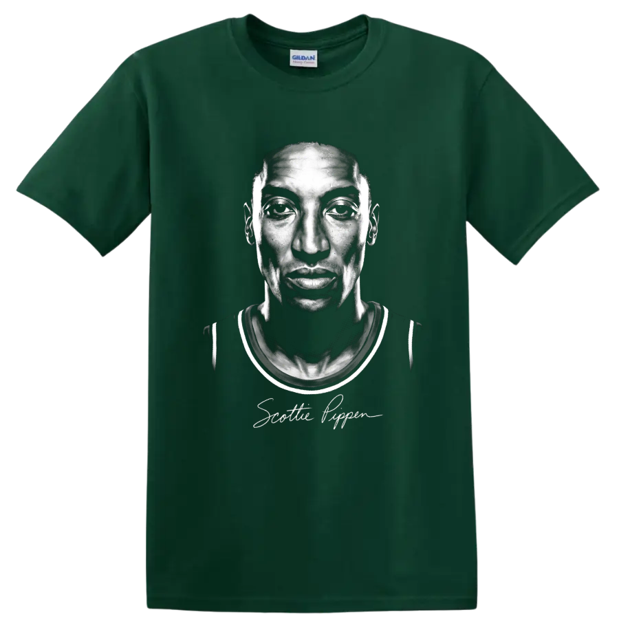 Scottie Pippen grayscale basketball portrait with signature-style script on a Forest Green T Shirt