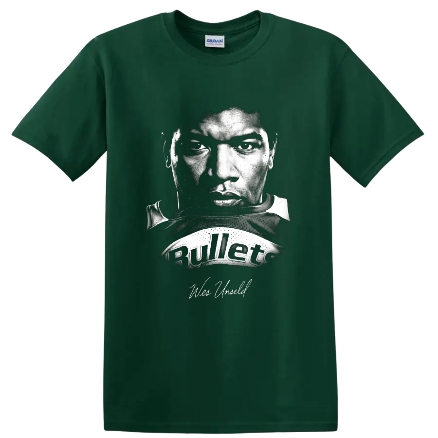 Wes Unseld Washington Bullets No. 41 black-and-white vintage portrait graphic on a Forest Green T Shirt
