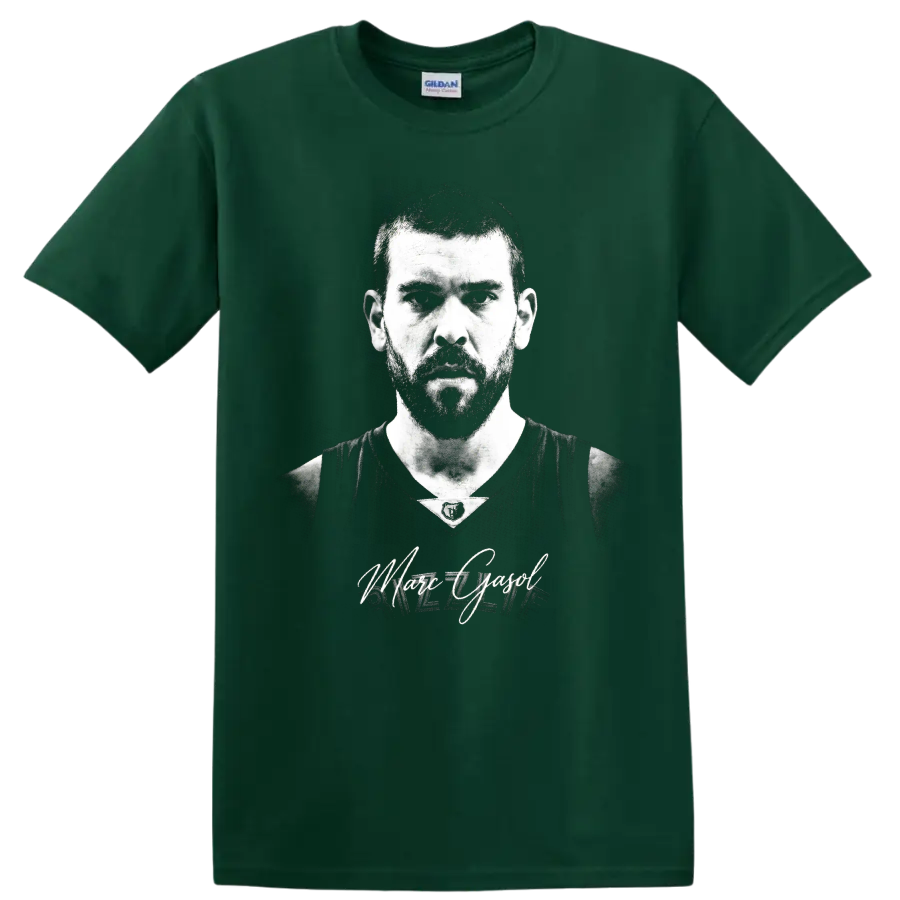 Marc Gasol black-and-white basketball portrait with signature and number 33 on a Forest Green T Shirt
