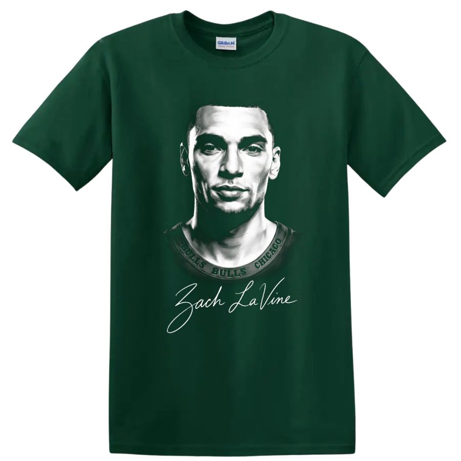 Zach LaVine Chicago Bulls No. 8 monochrome portrait with signature lettering on a Forest Green T Shirt